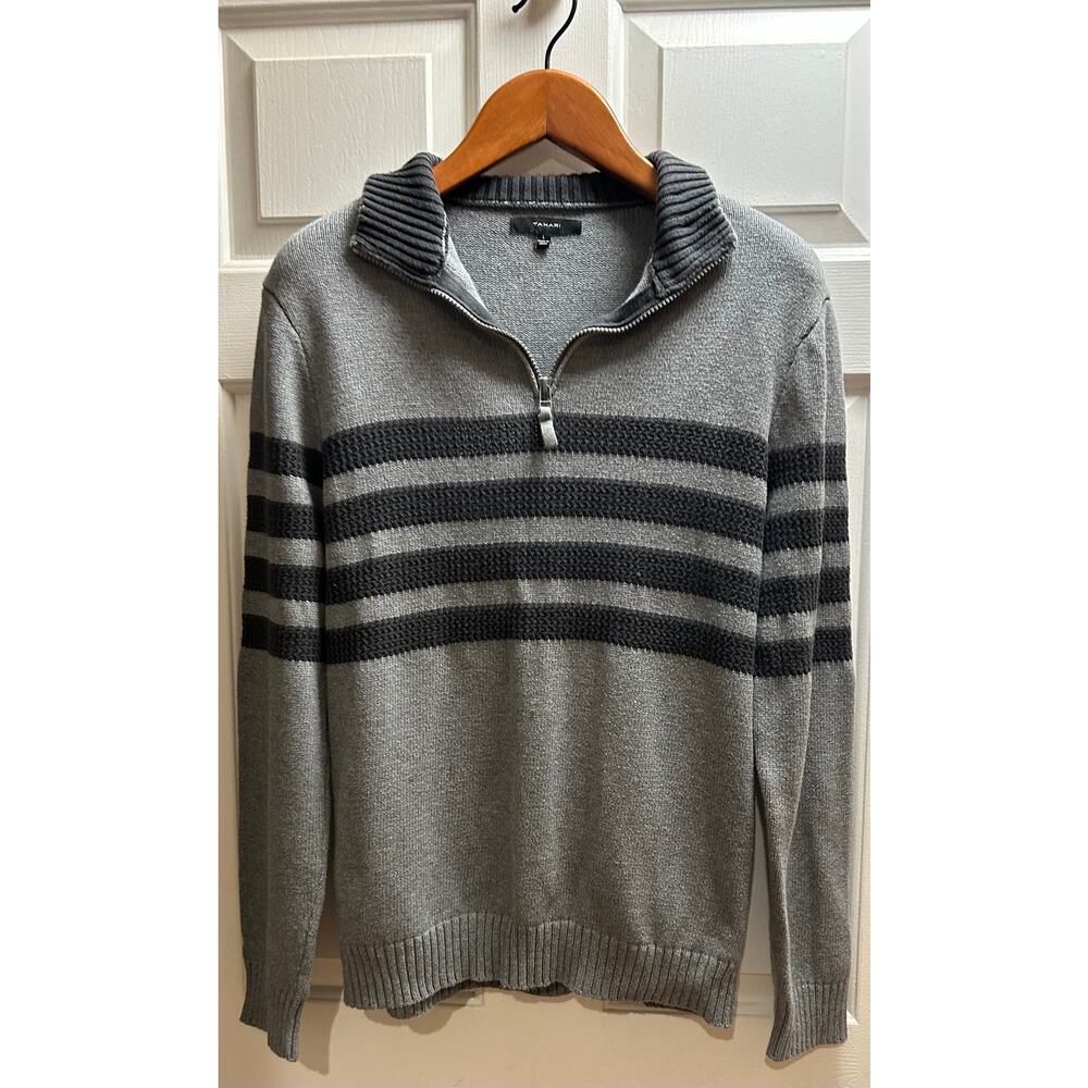 Tahari Men's 1/4 Quarter Zip Pullover Striped Mock Neck Knit Sweater, Size L